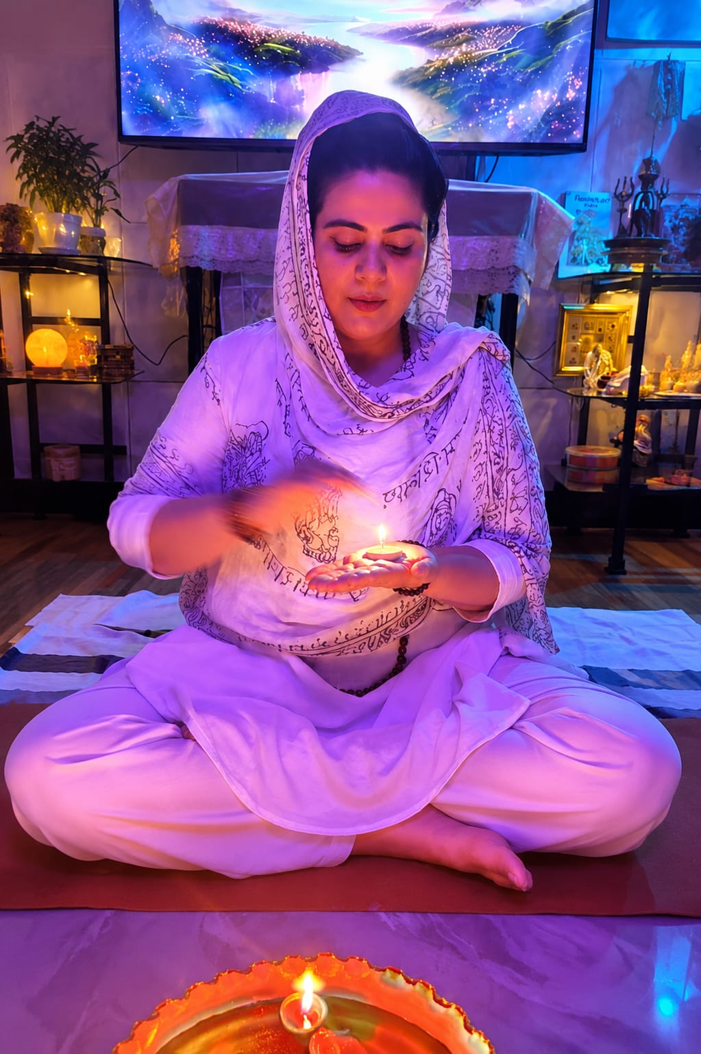 Healer Bhairavi Sharma seated in meditation, holding a lit diya during a healing ritual